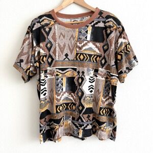 Vintage 80s Short Sleeve Shirt Womens Large Resortwear Colorful Neutral Indie